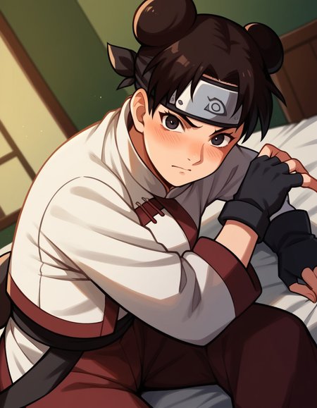 score_9, score_8_up, score_7_up, source_anime, <lora:tenten-shippuden-anime-ponyxl-lora-nochekaiser:1>, tenten, black hair, hair bun, double bun, black eyes,, shirt, gloves, long sleeves, white shirt, black gloves, pants, fingerless gloves, ninja, forehead protector, konohagakure symbol,, indoors, bed, bed room, on side, blush, drunk, looking at viewer, solo,, cowboy shot, dutch angle