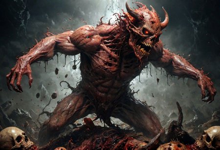 amazing quality, masterpiece, best quality, hyper detailed, ultra detailed, UHD, perfect anatomy, dof, hyper-realism, far away, full body, demon, beast, holding severed head, fear, massacre, horror, violent, gore, guts, blood, terrifying, disturbing, disgusting, evil, horrifying, nsfw, dark, death, cinamatic composition, soft shadows <lora:add-detail-xl:1.0>, <lora:extremely_detailed:1.2>