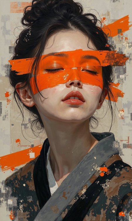 Close-up of a woman's portrait, likely a digital composite. 
The woman's face is the central focus.  Her expression is neutral, with her eyes closed.  Large, bold strokes of orange paint are layered across her face, covering parts of her forehead, eyes, and cheeks, creating a stylized effect. Her skin tone is rendered in shades of gray and black.  Her lips are a defined, reddish-pink.
Her hair is pulled back into a bun, dark in tone. 
She wears a traditional-style garment, possibly a kimono or similar attire, which is depicted in shades of gray and black.  Subtle details of the fabric, likely embroidery or patterns, are visible. 
The background is a muted, light gray tone.  Other graphic elements and paint-like brush strokes are incorporated in the image, creating an abstract effect particularly on the upper-right and at the sides, maintaining the theme of stylized, abstract shapes and colors., <lora:FLUX-daubrez-DB4RZ-v2:1> DB4RZ, DB4RZ style painting