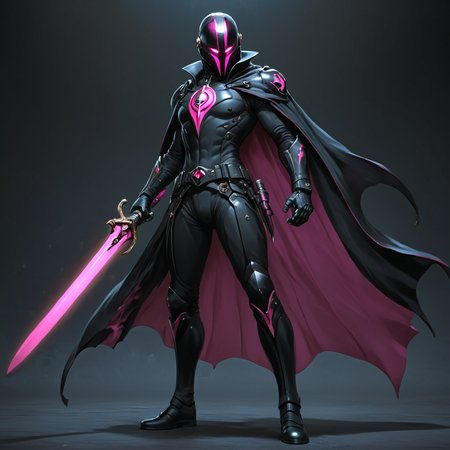 <lora:Crimson_LuminarySDXL:1> ArsMJStyle, Crimson Luminary, The image shows a man in a black suit holding a pink sword in front of a dark background. He is wearing a mask and is standing in a heroic pose ready to take on any challenge. The image is animated giving it a dynamic and powerful feel., weapon, holding, sword, solo, holding weapon, cape, holding sword, 1girl, black cape, helmet
