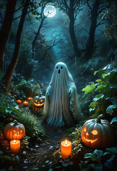 Charming ghost, photorealistic, woodland scene, detailed plants, dim lighting, whimsical ambiance, ultra-high resolution, natural colors, cinematic shot, close-up view, medium shot, wide-angle view, low-angle shot, high-angle shot, expressive eyes, smooth textures, gentle glow, magical atmosphere, balanced composition, dynamic flow, peaceful vibe, enchanted forest, at night, halloween, pumpkins, candles,
 <lora:zavy-cntrst-sdxl:1> dark, chiaroscuro, low-key  <lora:SDXLHighDetail_v5:1> <lora:dark_weather:1>