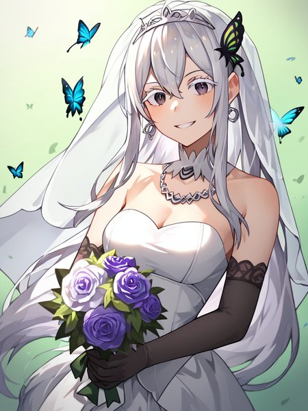 score_9,score_8_up,score_7_up,<lora:echidna_(re_zero):1>,echidna_\(re:zero\), colored_eyelashes, tiara, 1girl, commentary, looking_at_viewer, black_gloves, solo, black_dress, wedding_dress, butterfly_earrings, cowboy_shot, absurdres, black_veil, collarbone, necklace, skindentation, highres, elbow_gloves, glint, holding_bouquet, smile, bare_shoulders, purple_rose