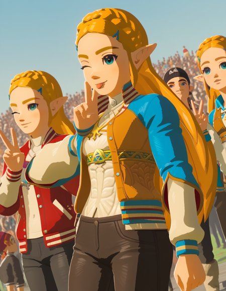 score_9, score_8_up, score_7_up, source_anime, <lora:princess-zelda-breath-of-the-wild-ingame-ponyxl-lora-nochekaiser:1>, princess zelda, long hair, blue eyes, blonde hair, hair ornament, braid, pointy ears, hairclip, 3d, <lora:letterman-jacket-ponyxl-lora-nochekaiser:1>, letterman jacket, jacket,, outdoors, crowd, people, v, v over eye, one eye closed, tongue out, smile, beanie, pants, open clothes, open jacket, , cowboy shot, dutch angle