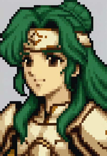 score_9, score_8_up, score_7_up, source_anime, 1girl, solo, smile,
<lora:zs_FE4PortraitsXL:1> fe4portraits, portrait, pixel art, white background
<lora:elincia-pdxl-nvwls-000005:1> defElincia, green hair, hair bun, long hair, braid, brown eyes, headband, white armor, shoulder armor, breastplate, white tunic,