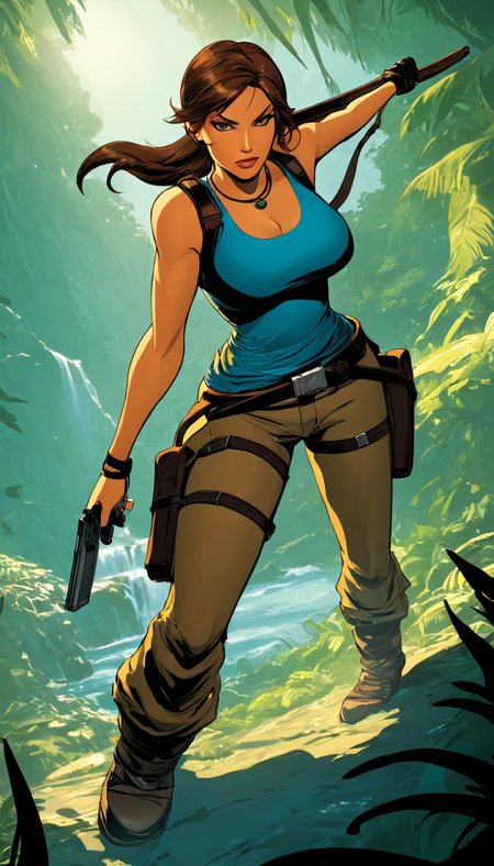 comic Cinematic scene, hero view, Lara Croft <lora:lara_croft_xl_v2:1>, action pose, detailed background, masterpiece, best quality, high quality, highres, absurdres  . graphic illustration, comic art, graphic novel art, vibrant, highly detailed