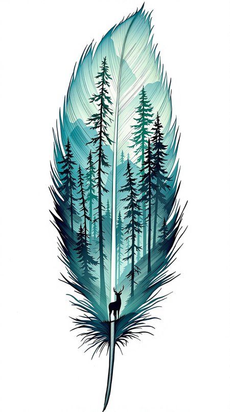 A fascinating and intricate work of art featuring a feather that captures the essence of nature. The center of the feather is adorned with a stunning watercolor landscape depicting a misty forest. Majestic pine trees rise above the mist, their branches intertwined, and at the base of the forest, the silhouette of a deer stands, gazing intently into the distance. The color palette features predominantly cool tones, with shades of green and teal dominating the scene, creating a calming atmosphere. The sharp, jagged edges of the feather contrast with the soft blend of the background, resulting in a visually striking piece that captures the viewer's attention.