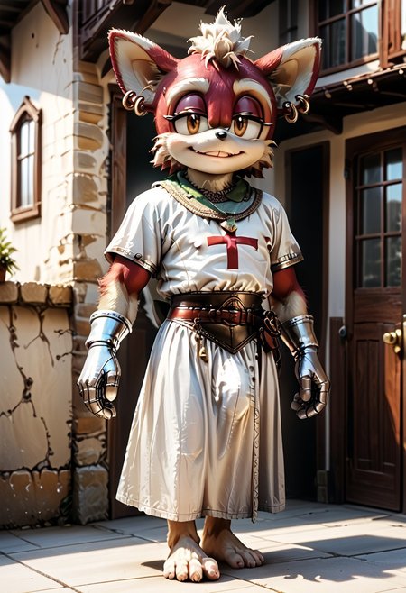 score_9, score_8_up, score_7_up, (((Barefoot furry character, full body, cinematic setting, furry male, plantigrade, correct anatomy, perfect hands)))
((( Chip Form Sonic The Hedgehog (series) ))), (((templar outfit))), templar knight, green gem necklace, ((1boy, solo, solo focus)), muscular, furry male, burgundy fur,body fur, perfect eyes, perfect face, fur, fluffy fur, tuft, detailed fur,, bronze eyes, curvy, covered nipples, Expressiveh, looking at the viewer, seductive smile, half closed eyes, tight clothes, skindentation, ear piercing,cute makeup, BREAK indoor, detailed background, balcony, abs, ((muscular)), white neck fluff, (((nice furry feet paws)))
