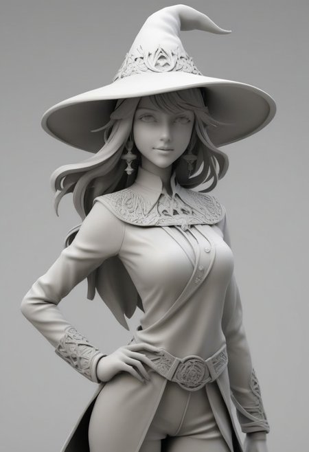 whitemold,3d printed mold,art style,greyscale,monochrome, score_9, score_8_up, score_7_up, score_6_up, PRSNL, 1girl, solo, brown hair, brown eyes, parted bangs, long hair, large breasts, witch hat, black sweater, red apron, black pants, looking at you, smile, indoors, hat over one eye. close-up portrait, chain, belt, rkinsti1, 1girl, indian, woman, female, lady, fully dressed.