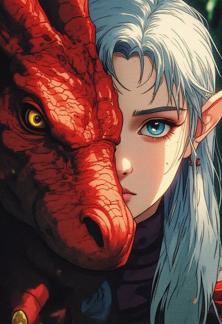 Elf girl 18 year old, with pointy elf ears and vibrant blue eyes, enchanting, her face partly covered by a red dragon welp. The girl has light vibrant blue eyes, while the dragons large, golden eyes stare outwards. The lighting creates a soft, painterly effect, blending the features of the girl and the dragon together. The dragons red scales contrasts against the girl's pale complexion and her silver hair, creating a sense of surreal connection between the two. The overall tone is calm yet slightly mysterious, evoking a dreamlike atmosphere. A setting of a tranquil enchanted forest. Magical.
Photorealistic, 8k, deep shadows,