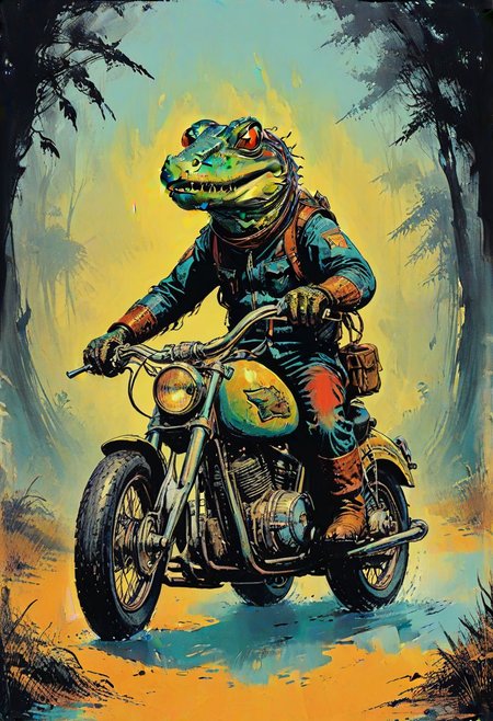 impactful color paint of old book illustration, 1950s retro science fiction gator driving motorbike, muted colors, art by jean baptiste monge, masterpiece  <lora:Bold_Pop:0.6>  highly detailed, vibrant colors , 8k, sharp, professional, clear, high contrast, high saturated, , vivid deep blacks, crystal clear