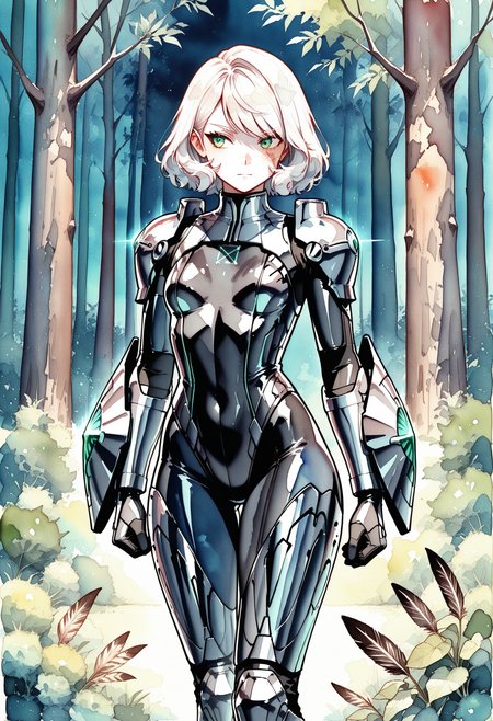 action pose, dramatic lights, 1girl, pale skin, white hair, medium hair, swept bangs, green eyes, muscle girl, scars on face, small breasts, scf-fi armor, matte black metal, synthetic feathers, cloaked in a shadow, rune garment, luminescent threads, tellow hue, high-tech design, misty forest at night, twisted trees, bioluminescent plants, 
masterpiece,best quality,amazing quality,  <lora:watercolor2IL-style:1>, pastel color, watercolor, traces of water paint,