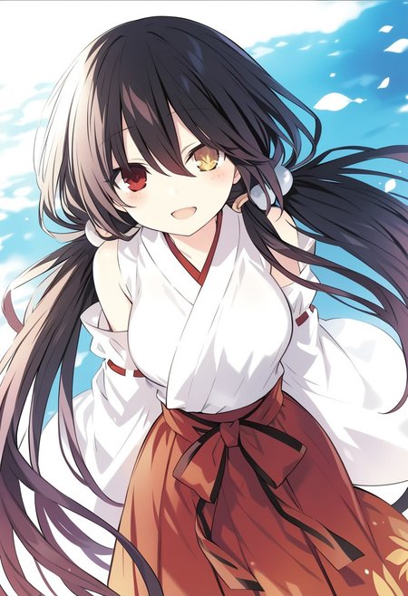8k, highres,novel illustration,best quality, masterpiece, highly detailed,1girl,solo,date a live,tsunako,tokisaki kurumi,long hair,black hair,twintails,low twintails, heterochromia,clock eyes,symbol-shaped pupils,yellow left eye, red right eye, breasts,medium breasts, floating_hair, 
jyojifuku, miko, red hakama,
smile, open mouth, standing,  looking at viewer, outdoors,
