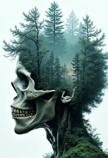 Jeddblexpsre,double exposure, Show a dense, misty forest scene embedded inside a human skull, evoking themes of life, death, and rebirth