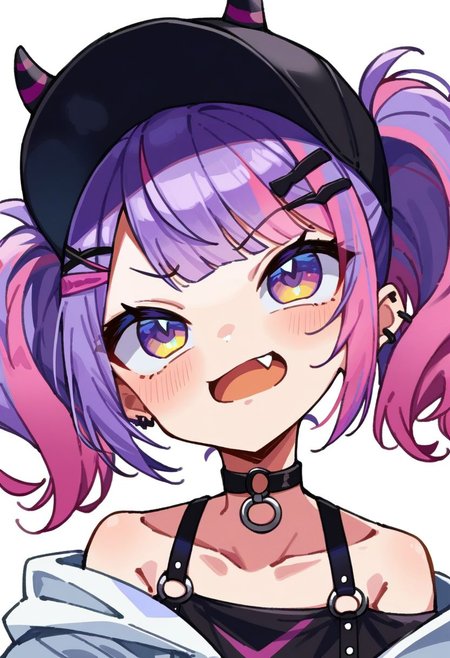 score_9, score_8_up, score_7_up, source_anime, bibi (tokoyami towa), 1girl, virtual youtuber, hat, o-ring choker, purple hair, twintails, multicolored hair, pink hair, looking up, streaked hair, hair ornament, black headwear, hairclip, fake horns, ear piercing, horned headwear, off shoulder, white jacket, black choker, simple background, collarbone, baseball cap, upper body, skin fang, colored inner hair, fang out, bare shoulders, cropped torso