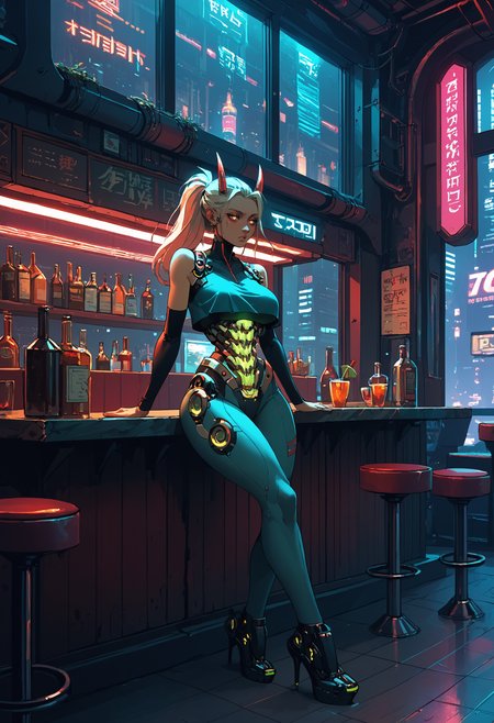 score_9, score_8_up, score_7_up, 1girl, solo, sitting, restaurant, booth seating, bar, window, neon lights, horns, crop top, thighs, (mechanical teeth), (mechanical mask:0.3), (mechanical torso:1.5), glowing clothes, city at night, scenery, highly detailed, science fiction, metropolis, cyberpunk, big breasts, dreamy eyes, bored, long hair, ponytail,
 <lora:ArmorPunkV4:1> arm0rpunkv4, mechanical shoes, high heels, strappy heels, leggings,