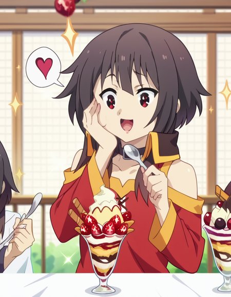 fscore_9, score_8_up, score_7_up, source_anime, <lora:konosuba-megumin-s2-ponyxl-lora-nochekaiser:1>, megumin, short hair, black hair, red eyes, short hair with long locks, mature female, small breasts, anime screencap, <lora:parfait-ponyxl-lora-nochekaiser:1>, parfait, open mouth, heart, food, sparkle, fruit, happy, hand on own face, spoken heart, ice cream, strawberry, spoon, hand on own cheek, cherry, holding spoon, ,