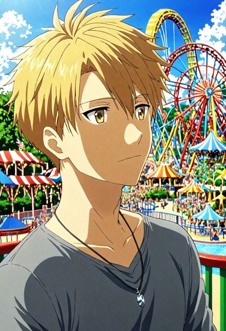 high resolution, solo, best quality, 1Boy, Yamato Ishida, Blond Hair, Necklace, relaxing, holiday, theme park, OverallDetail