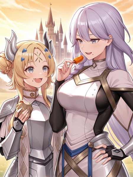 2girls,open mouth,eating,food,castle,holding food,hand on hip,smile,outdoors,food on face,upper body,looking at another,dogmatika fleurdelis,white capelet,white dress,black bodystocking,dogmatika ecclesia the virtuous,gold forehead mark,blue hairclip,silver hair ornament,white cape,black full bodysuit,silver armor,silver breastplate,silver shoulder armor,silver armored gloves,
masterpiece,best quality,amazing quality,very aesthetic,absurdres,newest,<lora:Dogmatika Fleurdelis & Ecclesia the Virtuous illuXL v1:0.75>,