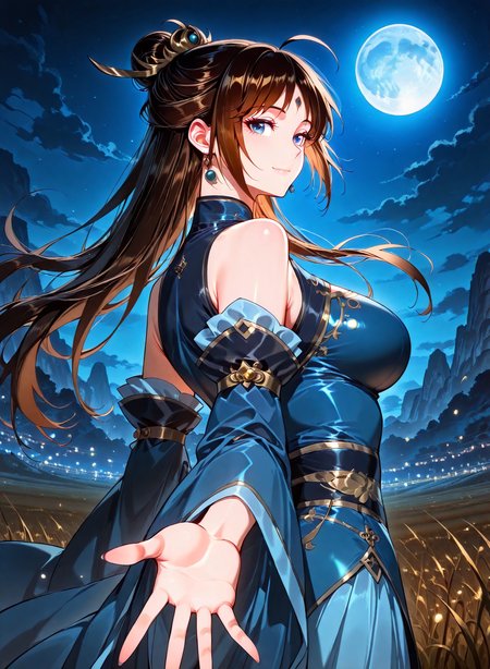<lora:Xiao_Ruoyin__I_am_the_Fated_Villain__Illustrious:1>
1 girl, solo, blue eyes, long hair, brown hair, black hair, hair bun, ahoge, big breasts
chinese clothes, blue dress, detached sleeves, jewelry, earrings, hair ornament, bare shoulders
score_9, score_8_up, score_7_up, very aesthetic, source_anime, detailed, high quality, beautiful, masterpiece, detailed eyes, field, blurry background, pose dynamic angle, upper body, cowboy shot, light smile, looking back, reaching out, floating hair, night, blue moon, <lora:iLLMythG0thicL1nes:1>