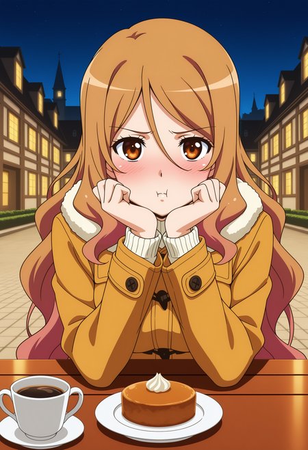 1girl,solo, long hair, gradient hair, brown hair, pink hair,brown eyes, hair between eyes, medium breasts, 
official_art, anime coloring,
looking at viewer, blush, pout, 1girl, winter clothes, duffel coat, handrest, pov across table, outdoors, european architecture, courtyard, night, table, food, cup of coffee,
,masterpiece,best quality,amazing quality,
 <lora:NoobV065sHyperDmd:.5> <lora:quele_sellier_meipaws:.9>