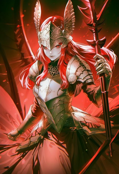 1girl, long hair, armor, solo, weapon, red hair, holding, red eyes, winged helmet, holding weapon, helmet, looking at viewer, closed mouth, shoulder armor, dress <lora:cuso4XL_NBVP1_lokr_V6311PZ:0.95>