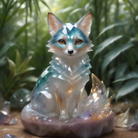 cs-cr1stal-v2, PG, masterpiece, cs-cr1stal-v2 satinized topaz best quality, masterpiece, high resolution, intricate detailed, beautiful photo of a fox sculpture made of topaz fluorite mineral, iridescent, fox tail made of fluorite, her tail are translucent. background of a alien scenery, alien world, rays of light, natural light, 16K