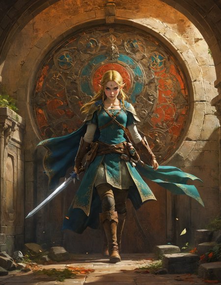 by Carlo Bocchio and Marc Simonetti,  (high speed , Avant-garde but extremely beautiful:1.4), (intricate details, masterpiece, best quality:1.4) ,
Legend of Zelda style art, Vibrant, fantasy, detailed, epic, heroic, reminiscent of The Legend of Zelda series, , looking at viewer, dynamic pose
<lora:add-detail-xl:1> <lora:xl_more_art-full_v1:0.5>  <lora:NicolaSamori:0.5> in the style of nicola samori <lora:looking_at_viewer:2>