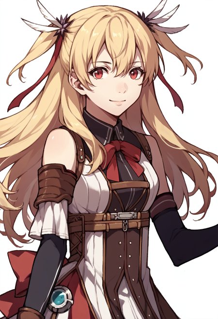 score_9, score_8_up, score_7_up, source_anime, 1girl, smile, <lora:zs_AwakeningPortraitsXL:1> awakeningportraits, portraits, white background, <lora:alisareinford-pdxl-nvwls-v1:1> sen2alisa, blonde hair, two side up, red bow, sleeveless shirt, pleated skirt, elbow gloves