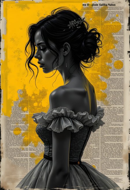 cinna flow, Mixed media artwork + (scratchy faded torn up newspaper overlay:2.0),Emotional girl + Elegant dress + Skin + In the style of surrealist expressionism, grainy fuzzy distorted,canvas effect muted yellow grey black,faded weathered effect color scheme, dreamlike atmosphere, abstract and distorted forms negative effect Negative illusion picture inverted retro neon color pop