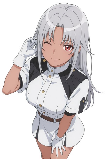 Smooth Quality,masterpiece, ultra realistic,
simple background, white background,
from above,;),hand on own thigh,
 <lora:AquaErisCnn:0.8>Aqua/Cnn, Sist/Cnn, long hair, 1girl, red eyes, dark-skinned female, uniform, grey hair, gloves,