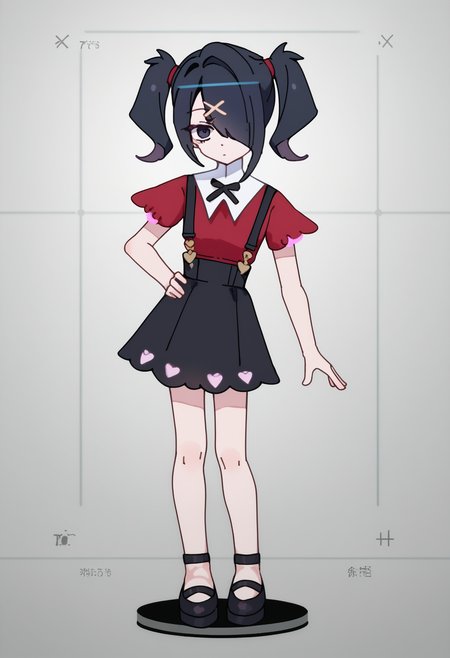 score_9, score_7_up, <break> full body, solo, 1girl, AmeDefault, expressionless, looking at you, standing, hand on own hip, black hair, black eyes, medium hair, twintails, hair over one eye, x hair ornament, black neck ribbon, red shirt, white sailor collar, suspender skirt, black skirt
 <segment:yolo-face_yolov8m.pt,0.4,0.5//cid=1>