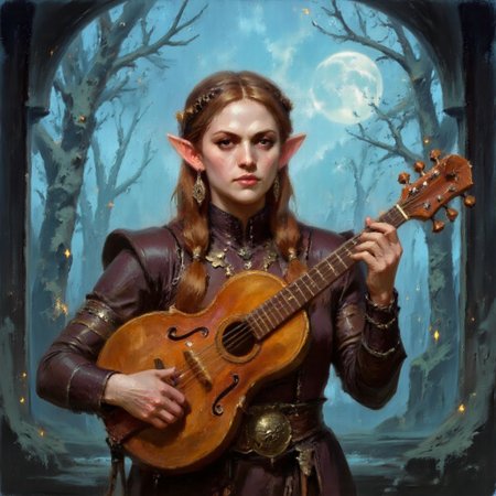 Dark-Fantasy-Cardd-V.2.0 style dark fantasy oil painting with detailed eyes that features female elf bard, radiating elegance, charm, and artistic flair. She is tall and slender, with delicate, angular features and long, pointed ears adorned with silver or golden earrings. Her hair, in shades of silver, golden blonde, or deep auburn, flows gracefully or is intricately braided with small flowers, beads, or feathers. Her luminous eyes sparkle with creativity and charisma, drawing attention to her captivating presence. She wears an ornate and colorful outfit—flowing silk or velvet adorned with intricate embroidery, musical motifs, and delicate jewelry, including bracelets, necklaces, and rings. In her hands, she holds a finely crafted lute, harp, or violin, its surface engraved with elven patterns and glowing faintly with magical energy. She stands in a dynamic yet graceful pose, as if performing a song, with soft musical notes or swirling magic emanating around her. The background is an enchanting setting, such as a moonlit glade, a royal court, or a vibrant festival, with an atmosphere of wonder and celebration. The tone is elegant, whimsical, and enchanting, highlighting her role as both a masterful musician and a magical performer who can inspire and captivate all who see her