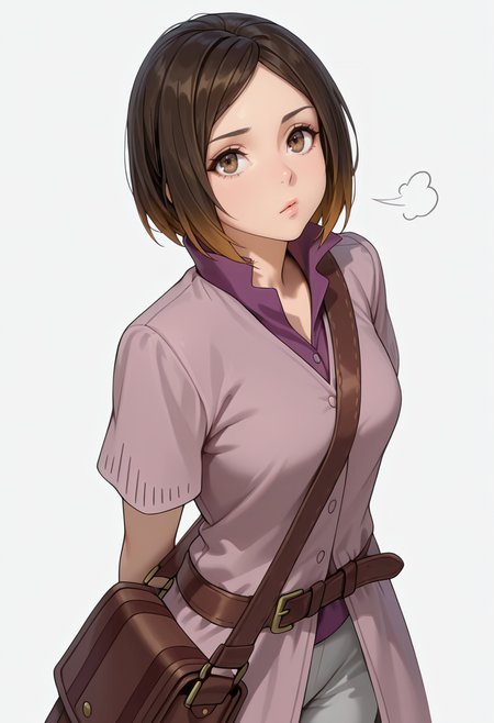Smooth Quality,masterpiece,very intricate, high quality details, ultra realistic, high detailed skin,detailed enviorement,absurdres,
simple background, white background,solo,
standing, arms behind back, looking up, calm expression, relaxed posture,  ,dynamic angle,sigh,
 <lora:Kirara_Mizutani_cnn:0.8> 1girl, short hair, brown hair, multicolored hair, two-tone hair, brown eyes, at viewer, upper body,shirt, short sleeves, collared shirt, coat, pants, purple shirt,brown belt, shoulder bag,