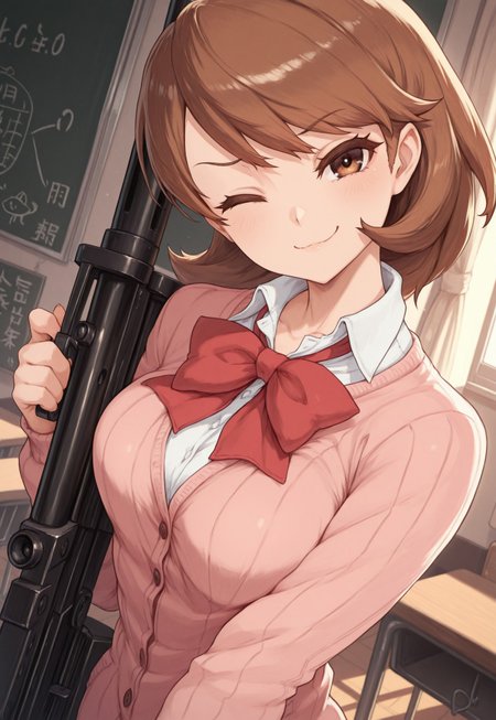 masterpiece, best quality, very aesthetic, absurdres,1girl, solo, takeba yukari, brown hair styled in a layered cut, brown eyes, pink cardigan, white collared shirt, large red bow at the neck, mini skrit, smug smile, light blush, from front, aiming a vkrsmmg medium machine gun weapon, one eye closed, indoor, empty classroom, depth of view, 