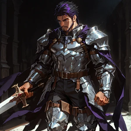 <lora:Andechs__Alchemist_Code:.75> tagatameandechs, andechs_black hair, andechs_purple hair, 1boy, short hair, cape, solo, male focus, manly, mature male, bara, muscular male,, belt, armor, waistcape, pants, thigh boots,
short hair, male focus, muscular male, muscular male, bara, mature, (hairy body, hairy, body hair, glossy skin, bara, mature, facial hair, beard, full beard, sideburn, mustache, stubble), facial hair, bara, mature, body hair, aixiwuganda_(20222192), very awa, masterpiece, best quality, absurdres, newest, perfect quality, detailed background, intricate details,, <lora:slider_Body Type_alpha1.0_rank4_noxattn_last:3><lora:Anime Summer Days 2 Style SDXL_LoRA_Pony Diffusion V6 XL:.6><lora:merged:.7>, DARK, DARK BACKGROUND, LOW-KEY LIGHTING <lora:slider_cfg_scale_boost:.7><lora:Artist6p:.55>, Artist6p, Artist04p,<lora:slider_il_contrast_slider_d1:-.25>,<lora:slider_contract_controller_illus01_v1:.3>, <lora:addon_illustriousXLv01_stabilizer_v1.121:.5>,<lora:Heavenly_Beauty_r1:1>, (heavenlybeauty,)<lora:slider_style_strength_controller_illus01_v1:.25>