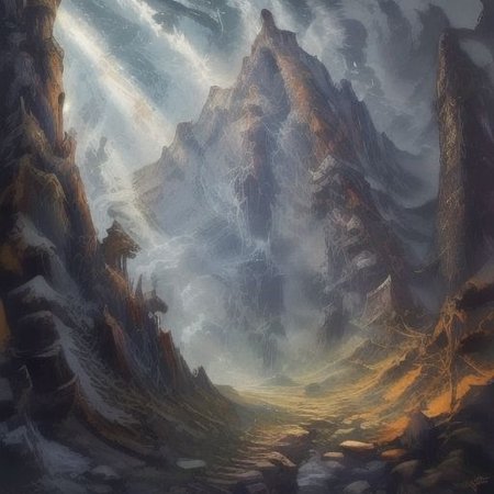((Masterpiece)), realistic digital painting of the hall of the mountain, official art,  perfect composition, cinematic lighting, crepuscular rays,