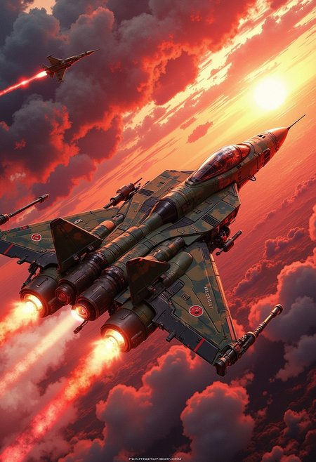 in the style of ck-mgs, A digital artwork in the style of cknc, a futuristic, highly advanced variable fighter flying rapidly through the sky. The fuelage is painted in green and brown camouflage patterns and show military insignia, and has a large air intake.  The sky has dark clouds, and is a surreal red, sunset