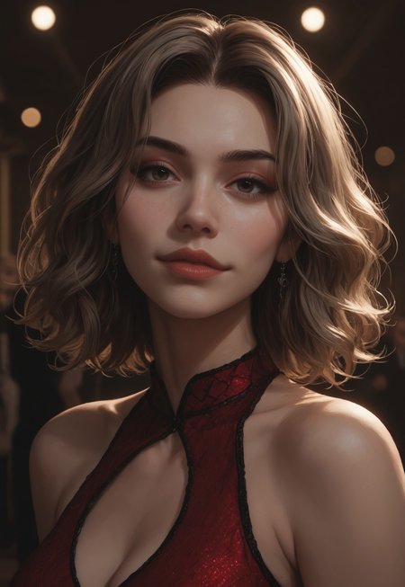 safe_pos, score_9, score_8_up, score_7_up, score_6_up, score_5_up, score_4_up, 1girl, (score_9, score_8_up:1.1)
1girl, 1girl, in red dress with neckline, red dress, red long lush hair, dark eyeshadow, short tangle hair, detailed skin, detailed character design, ultra-high resolution, perfectly composed, clear, breathtaking attention to detail, highres, ultra detail, solo, portrait,
BREAK,dancing, light from dance club, beautiful face, perfect face, beautiful eyes, detailed eyes, focus that breast, smiling, beautiful eye shadow, background, many people, stands out in the crowd, one leg raised back, singing into the microphone, lights shining directly on her, perfect glow, night, beautiful glow, red heels on a very high platform, focus cardra on her face, perfect face, detailed face, perfect facial features, sexy face, looking at the camera, beatiful face, round face, detailed face, medium breasts, round breasts, ideal breasts, cute face, round face, young face, fit body, big breasts, perfect ass, sweet ass, fit ass,leggings, arching ass,  smokey black eyeshadow, long eyelashes, eyeliner,full lips, close up on face, face close up, perfect hands,depth of field,blurred background
close  camera,outs ,fishnet, natural lighting, detailed background, light coming,rtx on, rtx,sunny evening glow, closed camera on face,higher camera,