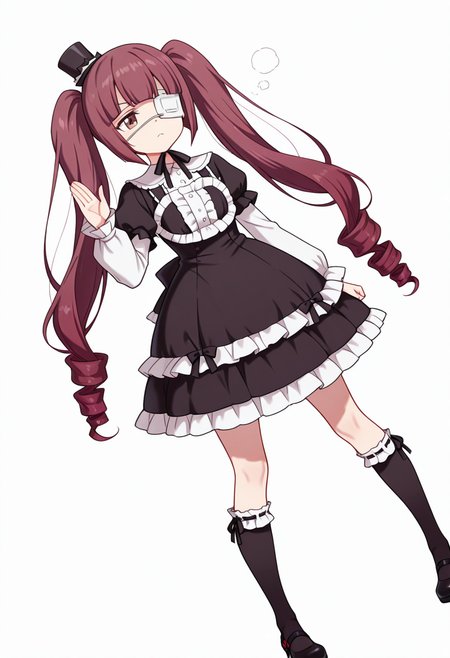 Smooth Quality,masterpiece,very intricate, high quality details, ultra realistic, high detailed skin,detailed enviorement,absurdres,
vulcan salute,
 <lora:Hanazono_Yurine_CNR:0.8> yurine_cnr, brown hair,very long hair, brown eyes, medical eyepatch, frown, twintails, drill hair, 
yurine_def_cnr, 1girl, gothic fashion, black dress, frilled dress, long sleeves, mini top hat, black socks, kneehighs, shoes, mary janes, ribbon-trimmed legwear,, simple background, white background, dynamic angle,solo,, exhausted,