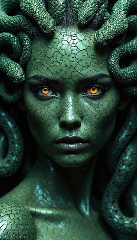 a hyper-realistic close-up portrait of a Medusa-inspired woman with snake hair and skin covered in intricate, diamond-patterned scales, like those of a real snake. Her skin should have a greenish hue, with each scale meticulously detailed and reflecting light in a way that gives her an almost metallic sheen. Her eyes are a fiery orange, filled with intensity and mystery, contrasting with the cool tones of her reptilian skin. The snakes in her hair should be rendered with the same scaly texture, each serpent’s scales catching the light and showing a similar pattern to her skin, as if they are extensions of herself.

The overall composition should give the impression of a living armor, with the scaly texture continuing across her neck, shoulders, and chest, blending seamlessly into her skin. Her expression is calm yet commanding, evoking both the allure and danger of Medusa. The background should be kept neutral, allowing the complex textures and intricate details of her scales and the snakes to stand out. Aim for a photorealistic effect that captures the interplay of light on her scales, the depth of her gaze, and the tactile quality of her snake hair, blending fantasy and hyper-realism in a striking way.





























