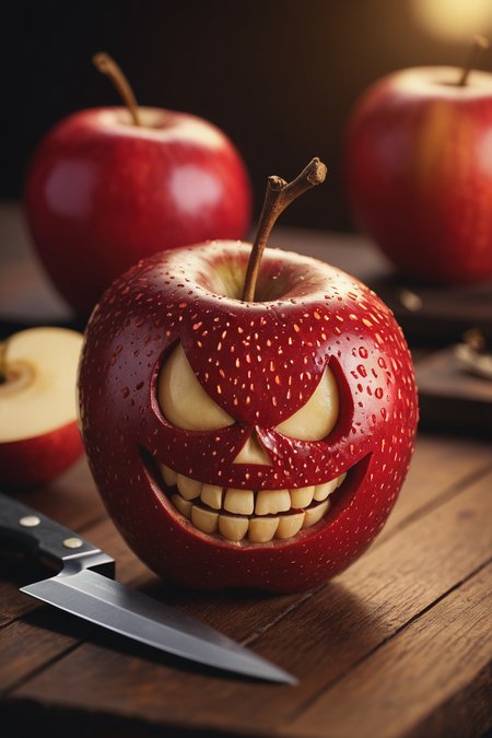 cinematic photo evil apple,evil smile,knife on table,fruit,macro,head shot . 35mm photograph, film, bokeh, professional, 4k, highly detailed