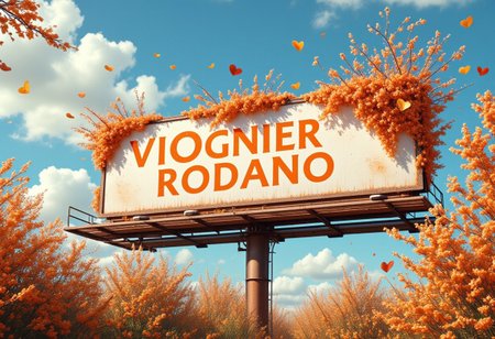 highly detailed, whimsical, wet glossy, airbrushed oil painting image of a billboard sign reading "VIOGNIER RODANO" the sign should include orange blossoms and honeysuckle awareness ribbons, orange flowers, hearts digital painting, ultra-detailed, cinematic. <lora:aidmaTextImproverV0.2:1> <lora:Detailer2K:0.65> <lora:Dever_Flux_Enhancer:0.50>