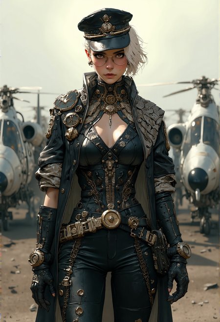 Steampunk style, glasses, 1girl, young, white hair,gothic military steampunk army officer, seductive,military cap, cape,   Victorian corset and leather pants,necklace, slim white body, small waist, gloves, leather elbow gloves, expensive jewelry ,, pale skin, curvy body, freckles, athletic body, abs, blush, slim waist,serene, untouched beauty, clear, lively, detailed face, upper body accent, short hair, dark makeup, goddess, brown eyes, seductive look, Victorian influence, steam-powered tech, neo-Victorian, steampunk
dynamic pose
she stands on a military airfield with parked steampunk helicopters lined up in the background
gothic themed
<lora:CPA:0.8> <lora:FluxMythP0rtr4itStyle:0.6> mythp0rt  <lora:FLUX-daubrez-DB4RZ-v2:0.3> DB4RZ, glow effects, godrays, Hand drawn, render, 8k, octane render, cinema 4d, blender, dark, atmospheric 4k ultra detailed, cinematic, Sharp focus, big depth of field, Masterpiece, colors, 3d octane render, 4k, concept art, trending on artstation, hyperrealistic, Vivid colors, extremely detailed CG unity 8k wallpaper, trending on CGSociety, Intricate, High Detail, dramatic