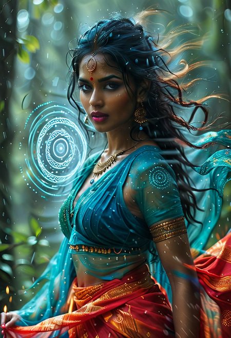 cinematic photo of Indian women, 1girl, professional, 4k, highly detailed, saree, wet hair, long hair, red lips, mature, cleavage, Heavy rain, cold look in eyes, glowing eyes, Highly detailed eyes, ((Spell rings, runic circles, mystical power,  blue glowing particles, ais-darkpartz)), BadDream, OverallDetail, Bokeh blur, colorful, cp2077, masterpiece, photorealistic, tribal top, tribal sarong, tribal bodypaint,, meadow background, wind magic, green magic, wind,
