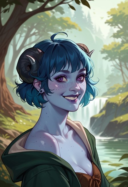 score_9, score_8_up, score_7_up, score_6_up, source_western
 Jester_lavorre, colored skin, horns, blue skin, freckles, 
1 girl, outside, forest, smiling, 
flat colors