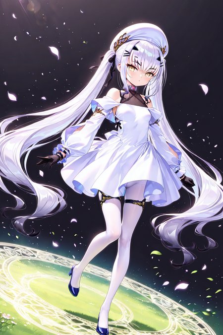 melusine \(Spiritron Dress\) \(fate\),1girl,gloves,black gloves,dress,long hair,white dress,solo,pantyhose,twintails,hat,looking at viewer,white pantyhose,day,bangs,hair ornament,white hair,hairclip,full body,very long hair,white headwear,yellow eyes,<lora:melusine2 (Spiritron Dress) (fate):0.8>,(black background:1.1),, masterpiece,best quality,amazing quality,