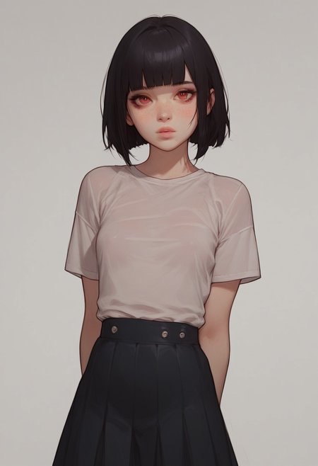 score_9, score_8_up, score_7_up, score_6_up, score_5_up, score_4_up, (1girl, 18 years old, sexy small breasts, skinny,  sexy young face, red eyes, black hair, bob haircut, fringe, small outline under skirt, freckles, ,) close up, extremely detailed face, slutty, lifting shirt