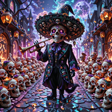 cf_style, skullthemeXL, dia_de_muertos style, glowing outlines, neon ambient light, cartoon realism, exaggerated expressions,
(1 energetic cat), wearing oversized sombrero, decorated mariachi suit with glowing embroidery, standing front and center, playing a glowing trumpet made of polished bone.  
Surrounded by (4 skeleton musicians), each playing bone-crafted instruments.  
Background is a festive night plaza, papel picado banners, floating skull lanterns emitting soft orange and purple glow.  
Colorful petals swirling midair, ambient lights reflecting on cobblestone floor. Stylized textures, warm contrast lighting.