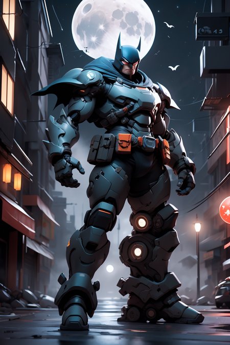 absurdres, 1boy, (at night:1.4), dark alley, moon, BREAK grey (android (batman:0.8)) in (matte black hardsuit:1.2), military, roughed up, mechanical arms, city fog, (glowing white eyes) , <lora:nijiarmor_anime_v2:0.7>
