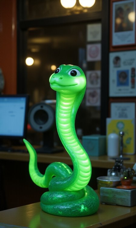 jade_snake, shebaaobao, neouv, cartoon snake made out of glowing illuminated iridescent jade ready to bite somebody on the counter of a pawn shop in New York City  <lora:jadesnakeflux-000001.safetensors:1.0> <lora:shebaobao_flux_snake_Cartoon_v2.safetensors:1.0> <lora:neouv_flux_03.safetensors:1.0>